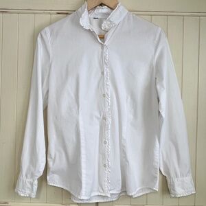 EDDIE BAUER Women's S/M Ruffle-Trim Baumwholle White Button Long Sleeve Blouse
